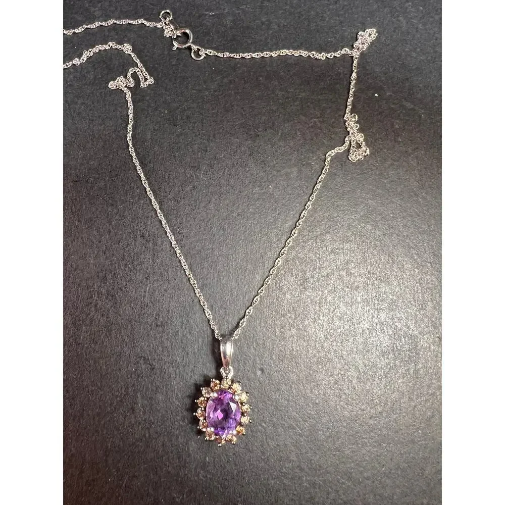 NEW amethyst and brown zircon halo pendant in sterling silver with vintage chain